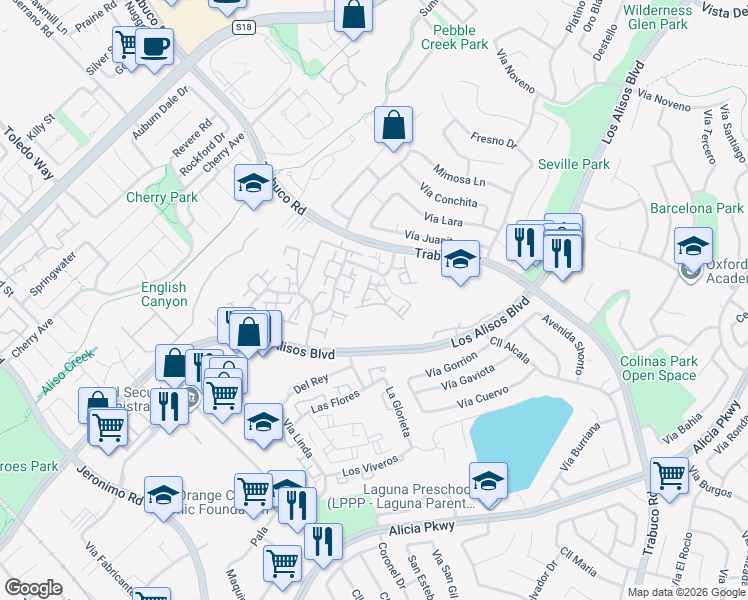 map of restaurants, bars, coffee shops, grocery stores, and more near in Mission Viejo
