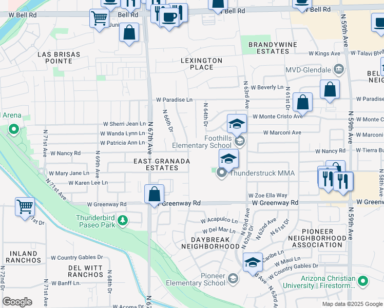 map of restaurants, bars, coffee shops, grocery stores, and more near 6535 West Nancy Road in Glendale