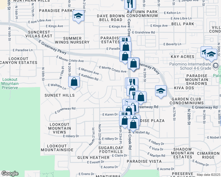 map of restaurants, bars, coffee shops, grocery stores, and more near 15624 North 23rd Street in Phoenix