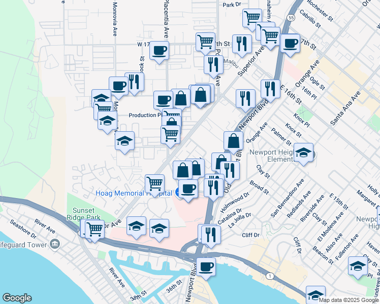 map of restaurants, bars, coffee shops, grocery stores, and more near 4300 Hilaria Way in Newport Beach