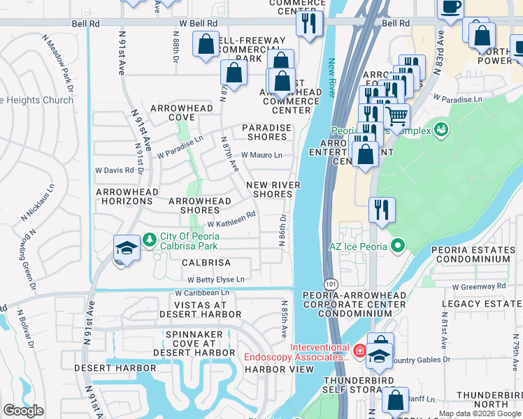 map of restaurants, bars, coffee shops, grocery stores, and more near 8644 West Kathleen Road in Peoria