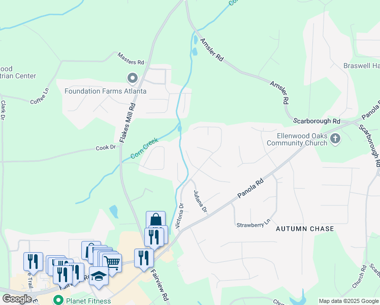 map of restaurants, bars, coffee shops, grocery stores, and more near 190 Wilhelmina Drive in Ellenwood