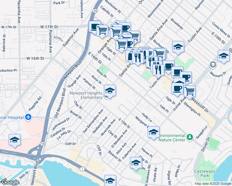 map of restaurants, bars, coffee shops, grocery stores, and more near 302 Ramona Place in Costa Mesa