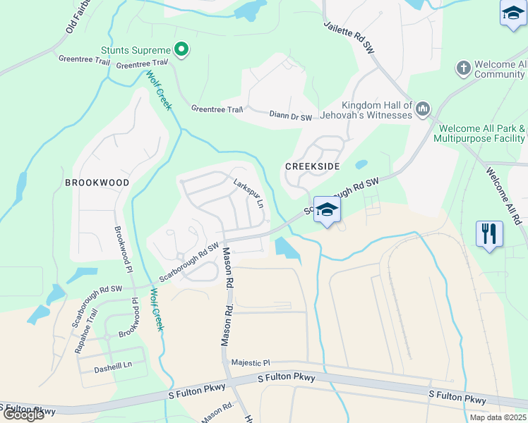 map of restaurants, bars, coffee shops, grocery stores, and more near 4935 Larkspur Lane in College Park