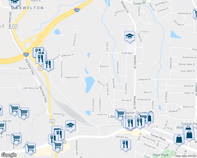 map of restaurants, bars, coffee shops, grocery stores, and more near 410 Barton Drive in Forest Park