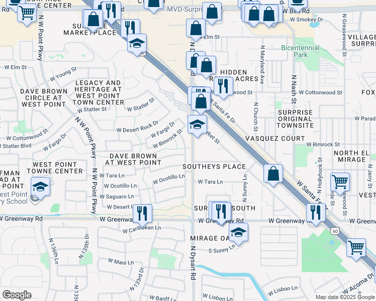 map of restaurants, bars, coffee shops, grocery stores, and more near 15943 North Gil Balcome Street in Surprise