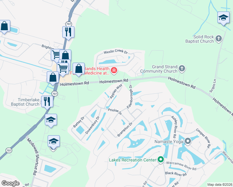 map of restaurants, bars, coffee shops, grocery stores, and more near 141 Terracina Circle in Myrtle Beach