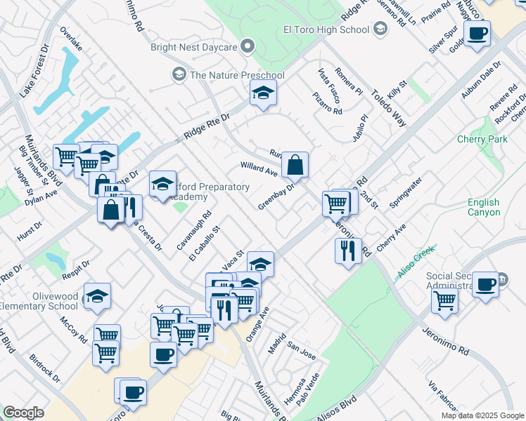 map of restaurants, bars, coffee shops, grocery stores, and more near 23031 Stearns Circle in Lake Forest