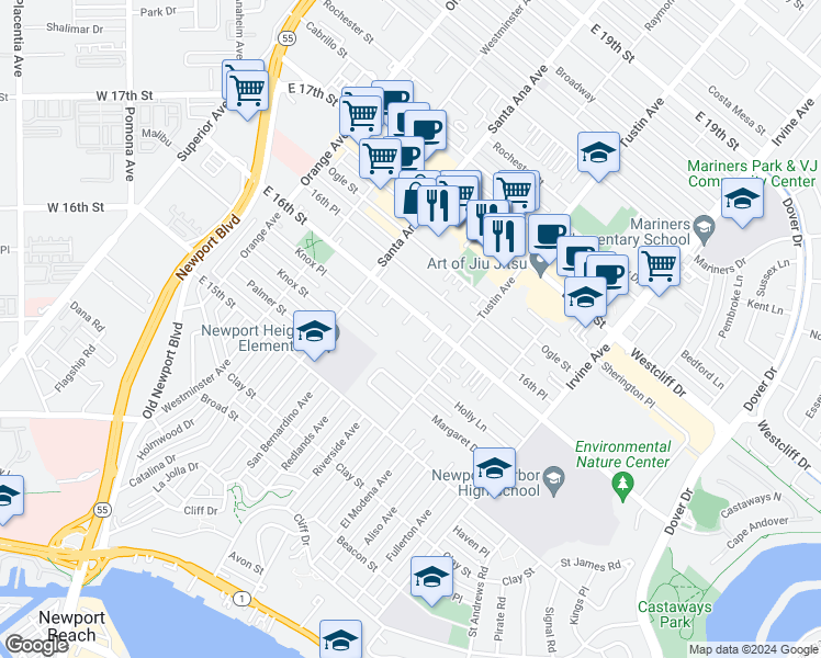 map of restaurants, bars, coffee shops, grocery stores, and more near 1588 Redlands Pl in Costa Mesa