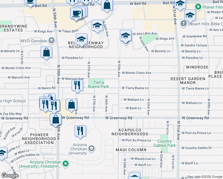 map of restaurants, bars, coffee shops, grocery stores, and more near 5507 West Tierra Buena Lane in Glendale