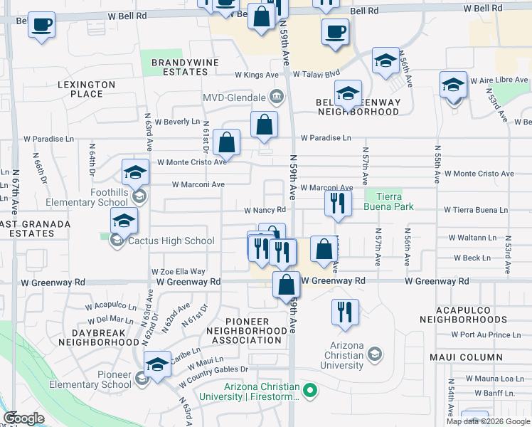 map of restaurants, bars, coffee shops, grocery stores, and more near 5941 West Nancy Road in Glendale