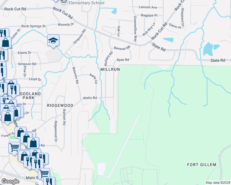 map of restaurants, bars, coffee shops, grocery stores, and more near 4626 Ryan Road in Conley