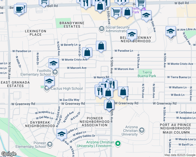 map of restaurants, bars, coffee shops, grocery stores, and more near 5941 W Nancy Rd in Glendale