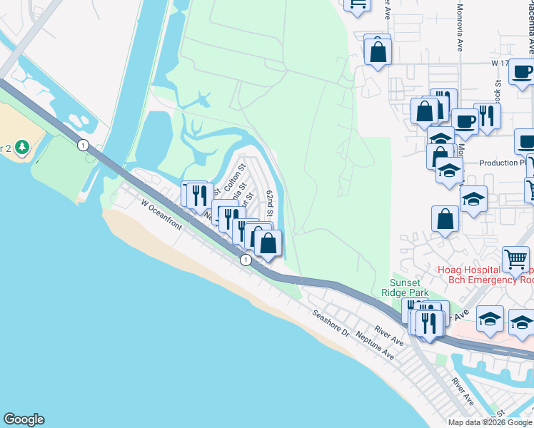 map of restaurants, bars, coffee shops, grocery stores, and more near 331 62nd Street in Newport Beach