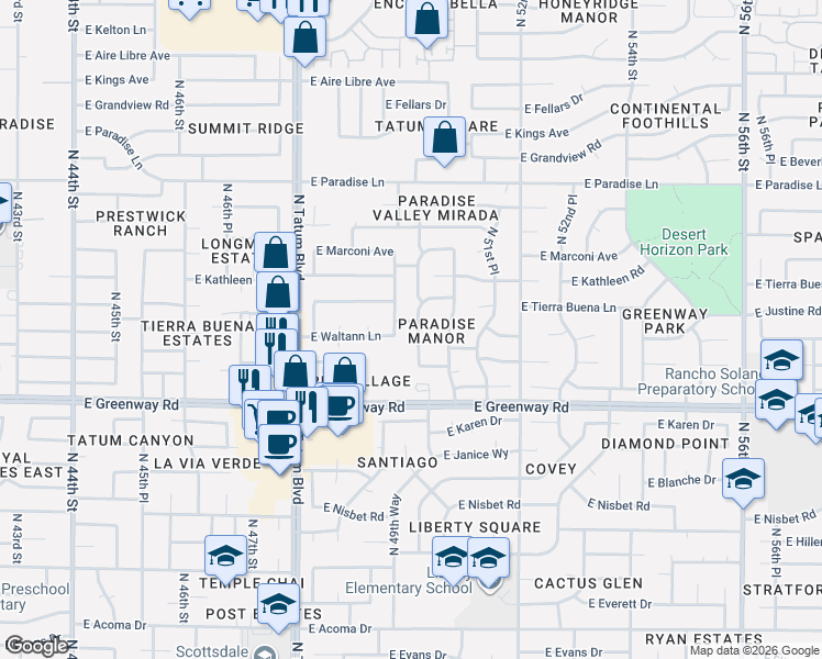 map of restaurants, bars, coffee shops, grocery stores, and more near 15634 North 50th Street in Scottsdale