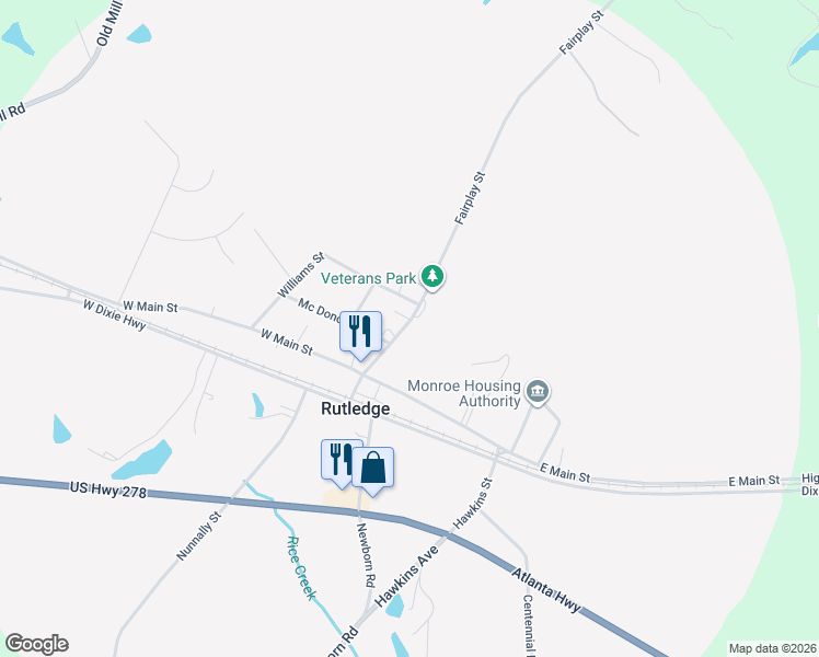 map of restaurants, bars, coffee shops, grocery stores, and more near 184 Fairplay Street in Rutledge