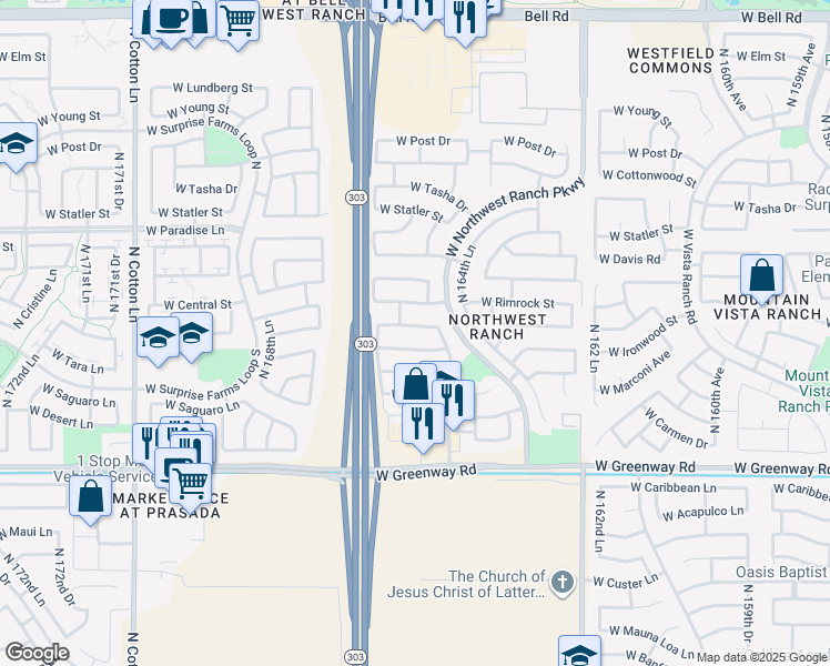 map of restaurants, bars, coffee shops, grocery stores, and more near 16569 West Central Street in Surprise