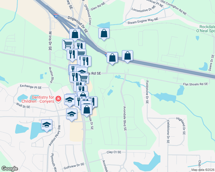 map of restaurants, bars, coffee shops, grocery stores, and more near 2101 Highland Club Drive Southeast in Conyers