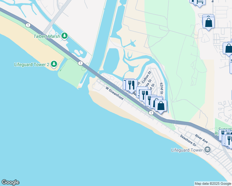 map of restaurants, bars, coffee shops, grocery stores, and more near 107 Grant Street in Newport Beach