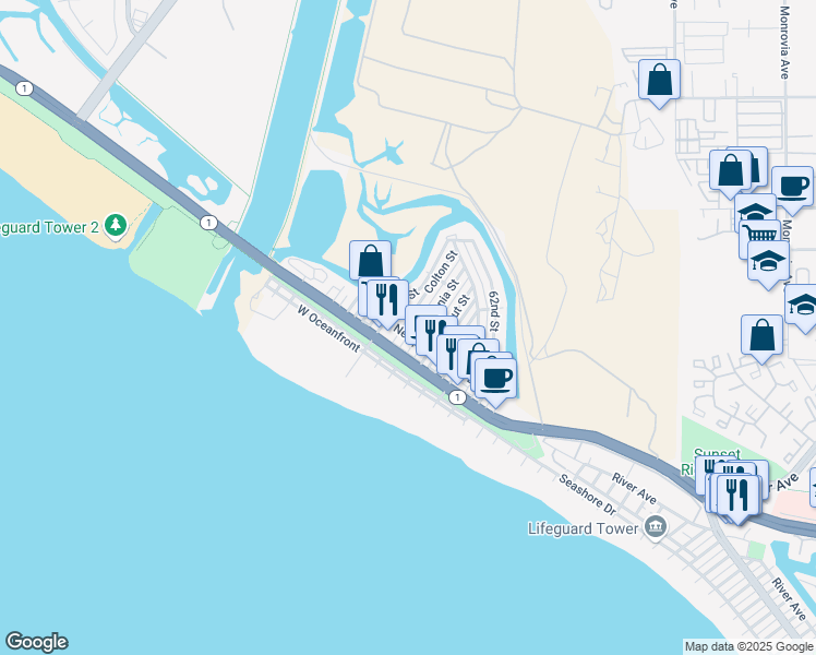 map of restaurants, bars, coffee shops, grocery stores, and more near 222 Colton Street in Newport Beach