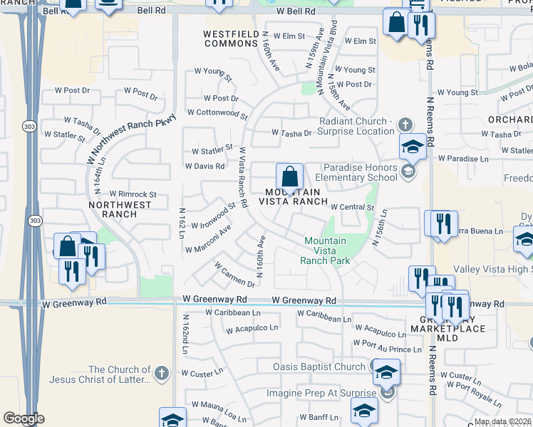 map of restaurants, bars, coffee shops, grocery stores, and more near 15942 West Marconi Avenue in Surprise