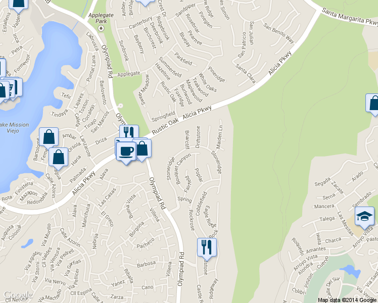 map of restaurants, bars, coffee shops, grocery stores, and more near 23001 Bouquet Canyon in Mission Viejo