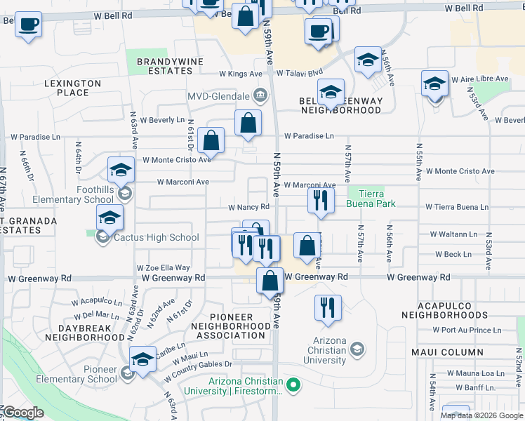 map of restaurants, bars, coffee shops, grocery stores, and more near 5913 West Nancy Road in Glendale