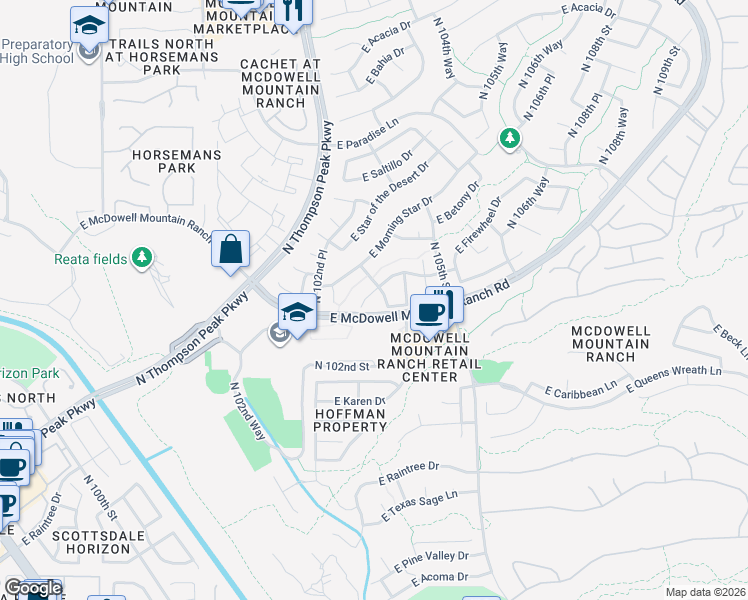 map of restaurants, bars, coffee shops, grocery stores, and more near 15788 North 103rd Way in Scottsdale