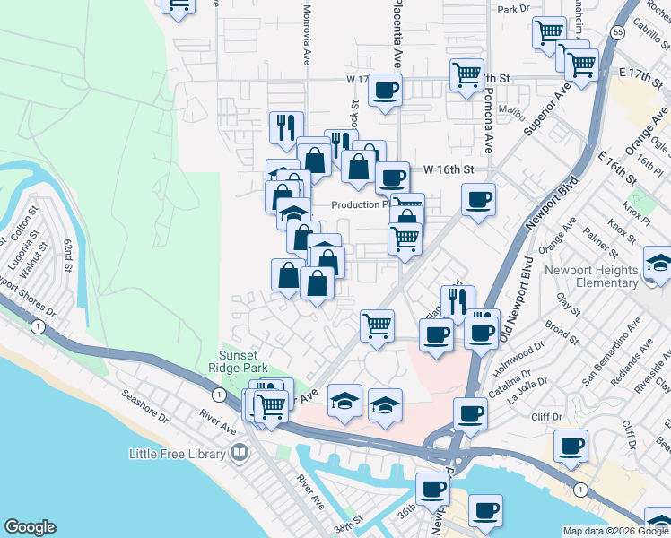map of restaurants, bars, coffee shops, grocery stores, and more near 4 Bluefin Court in Newport Beach