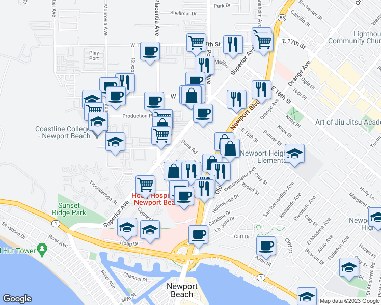 map of restaurants, bars, coffee shops, grocery stores, and more near 4223 Dana Road in Newport Beach