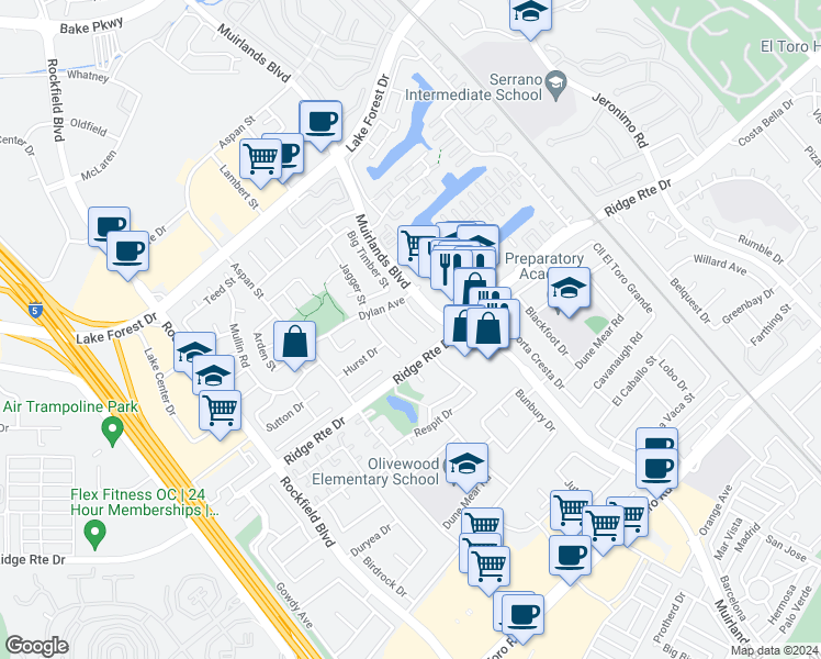 map of restaurants, bars, coffee shops, grocery stores, and more near 24241 Verde Street in Lake Forest