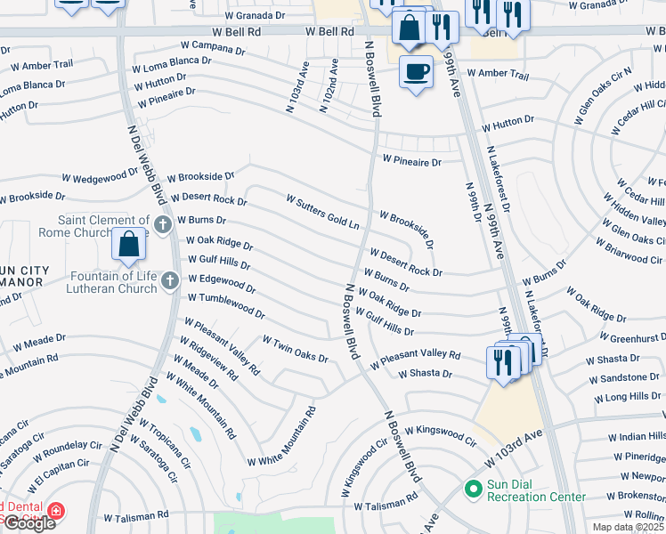map of restaurants, bars, coffee shops, grocery stores, and more near 10219 West Burns Drive in Sun City