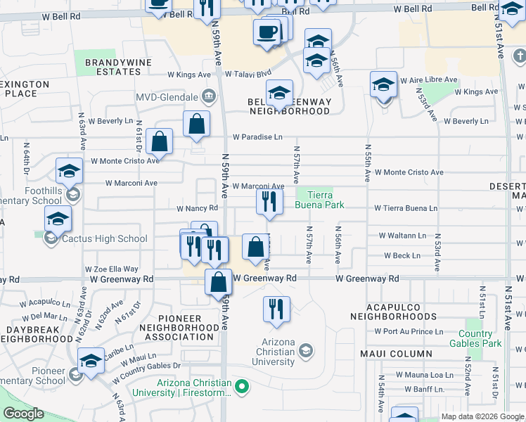 map of restaurants, bars, coffee shops, grocery stores, and more near 15662 North 58th Avenue in Glendale