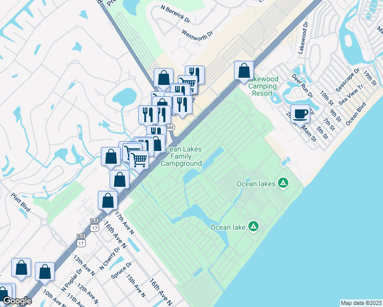 map of restaurants, bars, coffee shops, grocery stores, and more near U-35 Crane Drive in Myrtle Beach