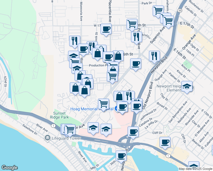 map of restaurants, bars, coffee shops, grocery stores, and more near 823 West 15th Street in Newport Beach