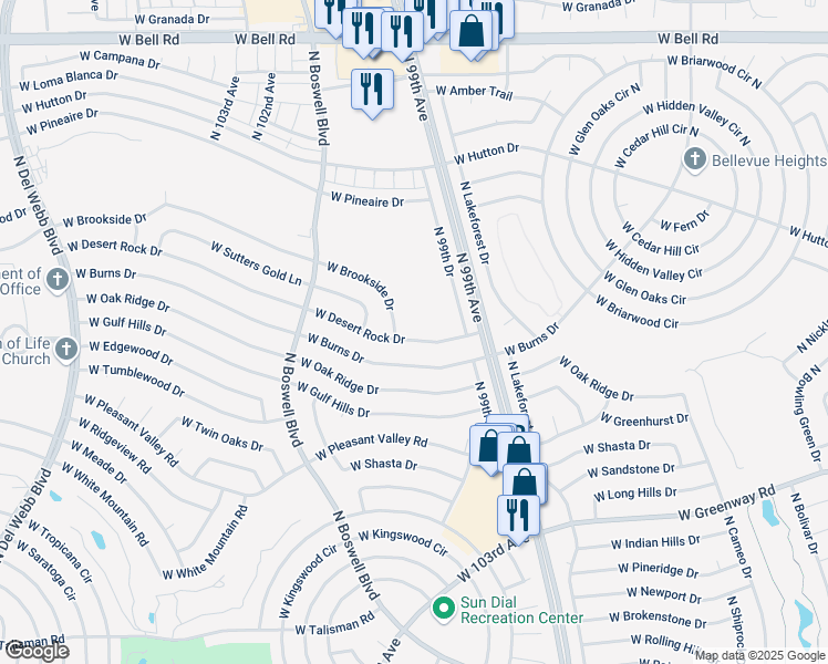 map of restaurants, bars, coffee shops, grocery stores, and more near 10002 West Desert Rock Drive in Sun City