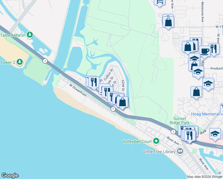map of restaurants, bars, coffee shops, grocery stores, and more near 258 Walnut Street in Newport Beach