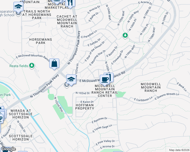map of restaurants, bars, coffee shops, grocery stores, and more near 15788 North 103rd Way in Scottsdale