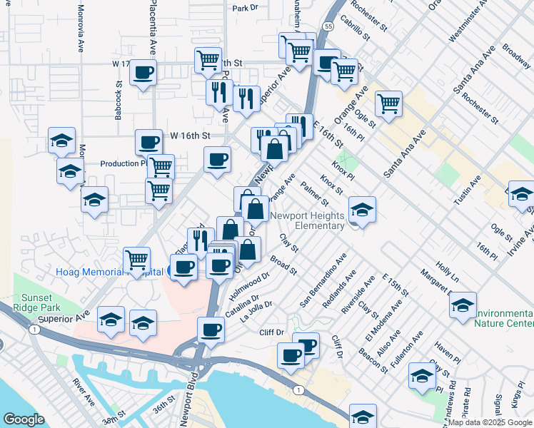 map of restaurants, bars, coffee shops, grocery stores, and more near 486 Old Newport Boulevard in Newport Beach