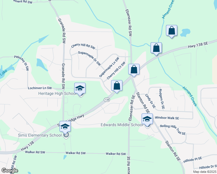 map of restaurants, bars, coffee shops, grocery stores, and more near 1664 Cherry Hill Road Southwest in Conyers