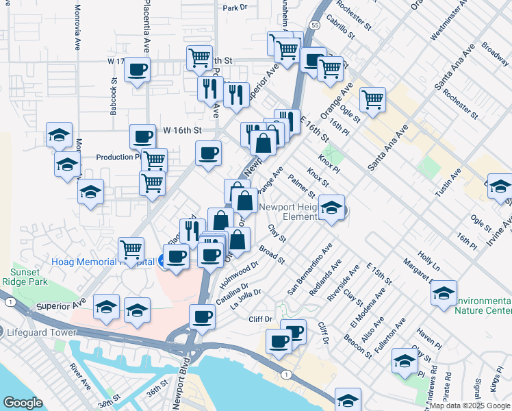 map of restaurants, bars, coffee shops, grocery stores, and more near 3307 Clay Street in Newport Beach