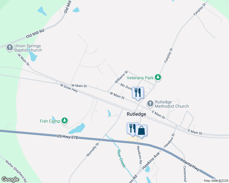 map of restaurants, bars, coffee shops, grocery stores, and more near 194 West Main Street in Rutledge