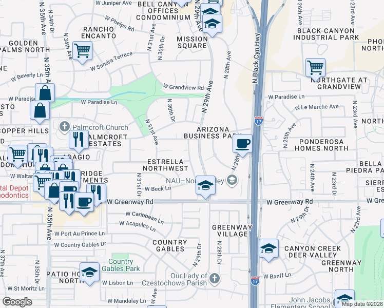 map of restaurants, bars, coffee shops, grocery stores, and more near 15607 North 30th Avenue in Phoenix