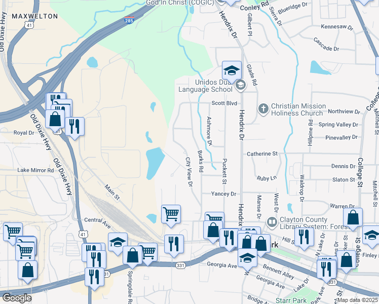 map of restaurants, bars, coffee shops, grocery stores, and more near 4632 City View Drive in Forest Park