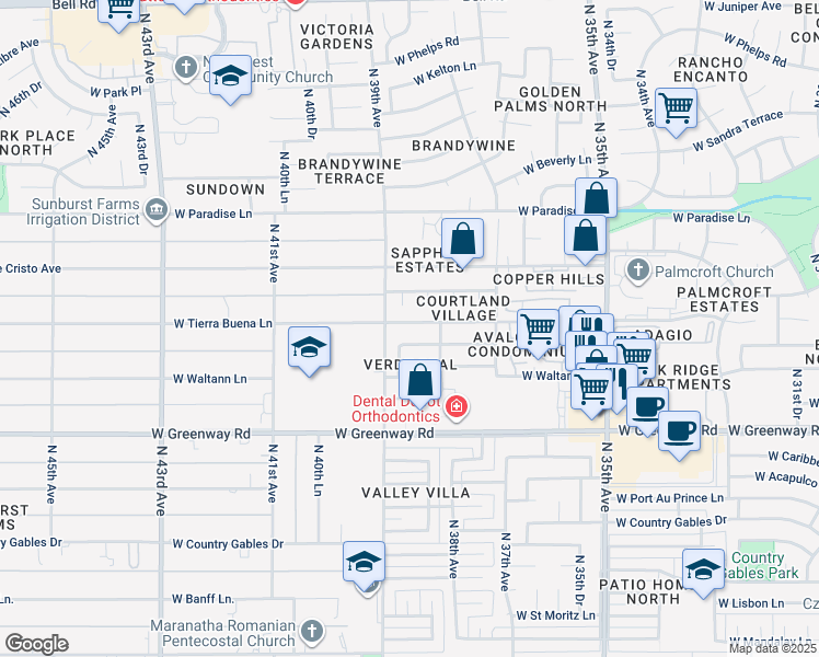 map of restaurants, bars, coffee shops, grocery stores, and more near 3827 West Tierra Buena Lane in Phoenix