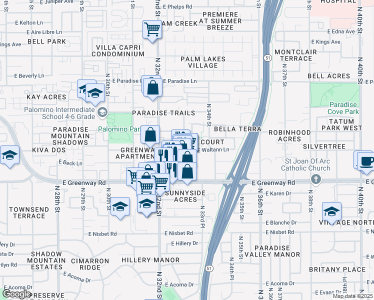 map of restaurants, bars, coffee shops, grocery stores, and more near 3305 East Waltann Lane in Phoenix