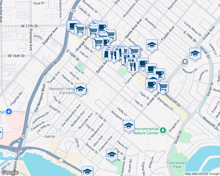 map of restaurants, bars, coffee shops, grocery stores, and more near 1597 Riverside Place in Costa Mesa