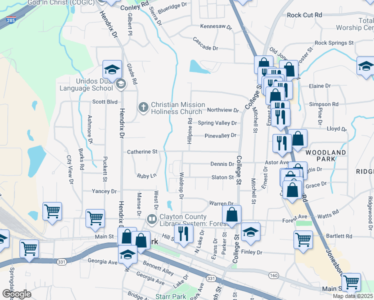 map of restaurants, bars, coffee shops, grocery stores, and more near 4749 Hillpine Road in Forest Park