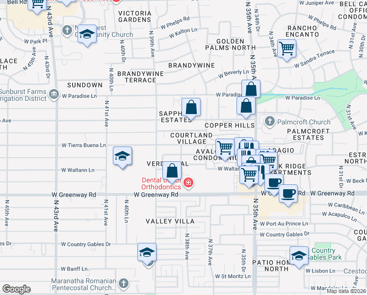 map of restaurants, bars, coffee shops, grocery stores, and more near 3753 West Tierra Buena Lane in Phoenix