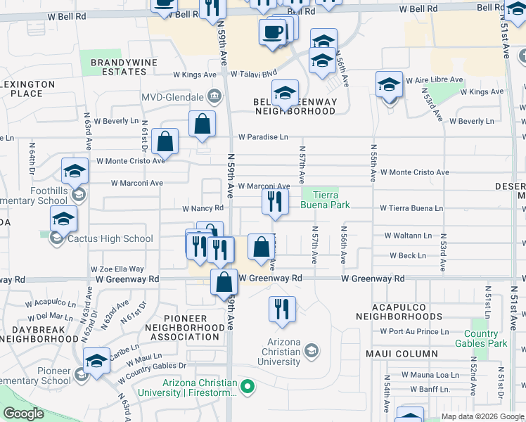 map of restaurants, bars, coffee shops, grocery stores, and more near 15662 North 58th Avenue in Glendale